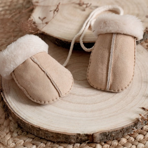 Baby Sheepskin Puddy Mittens on String | Sand