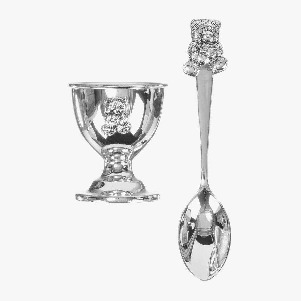 Silver Egg Cup, Spoon & Bib Baby polka dots Gift Set