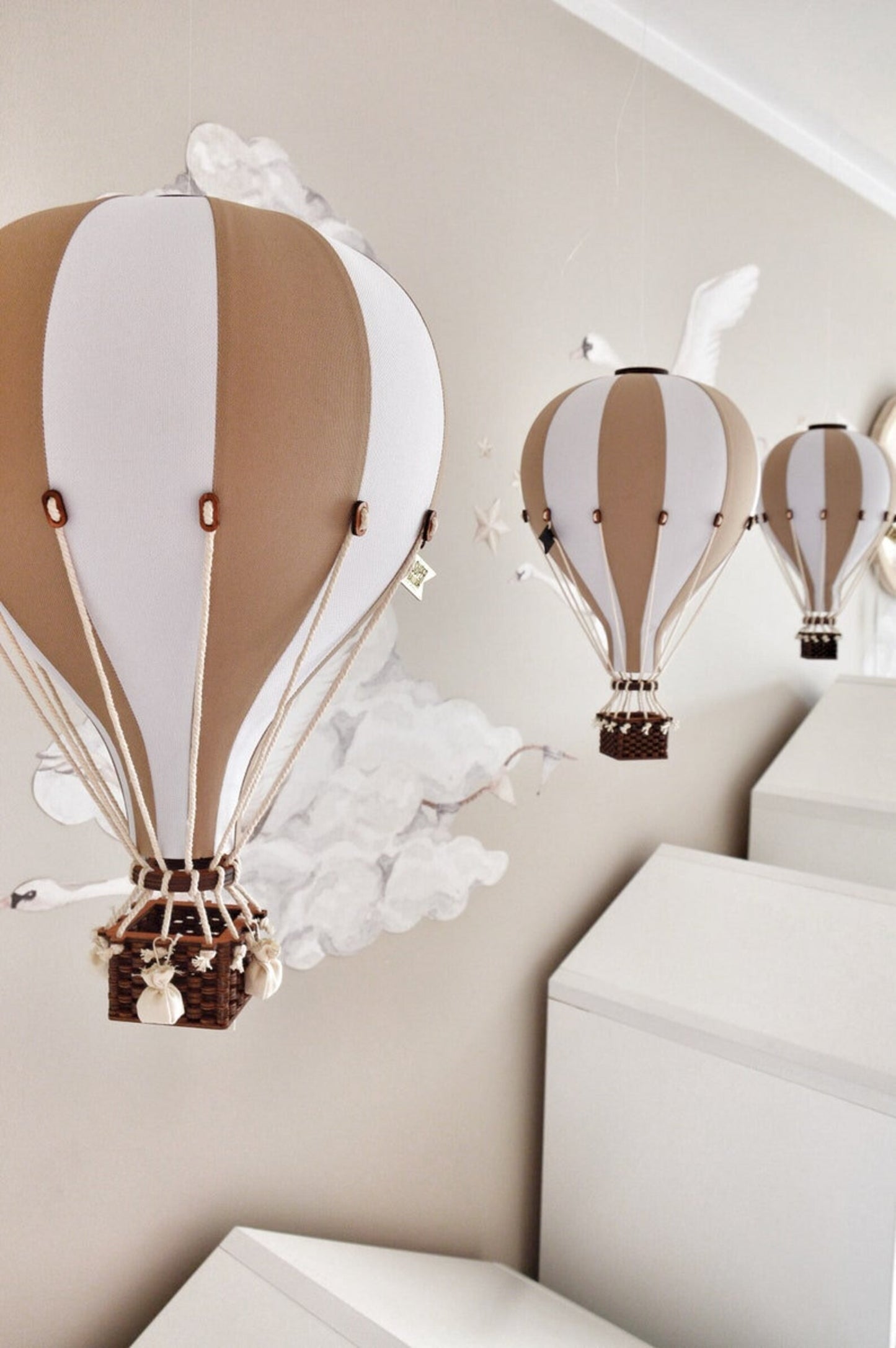 gold and white decorative hot air balloons for children's room