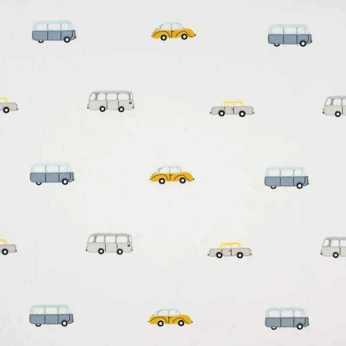 embroidered cars fabric by casadeco blue variant