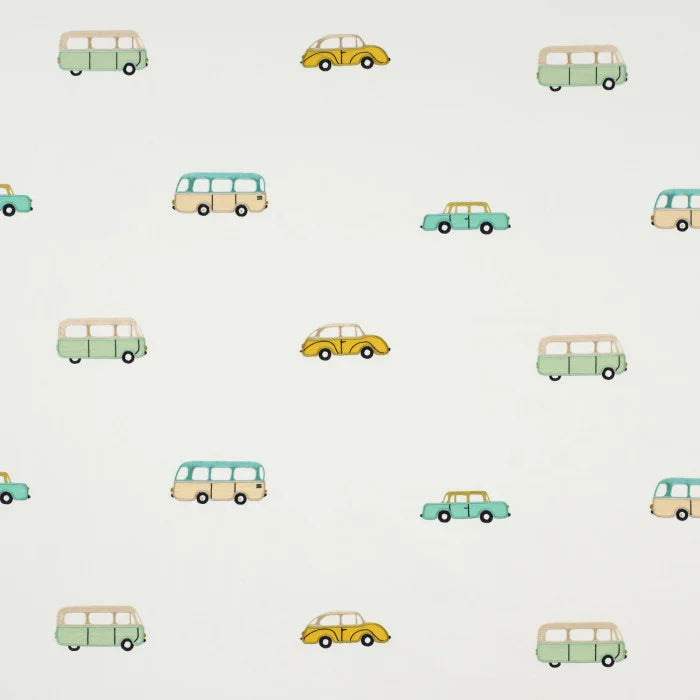 embroidered cars fabric by casadeco green variant