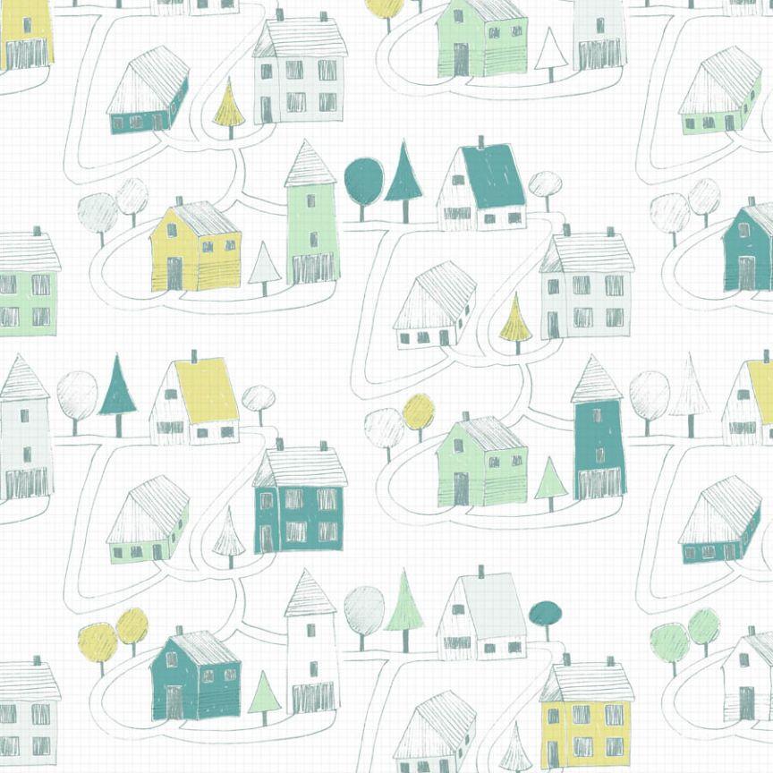 small village print fabric green variant