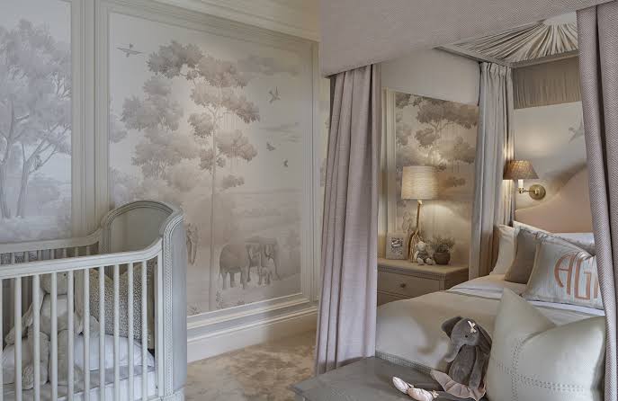 safari-themed wallpaper in baby room