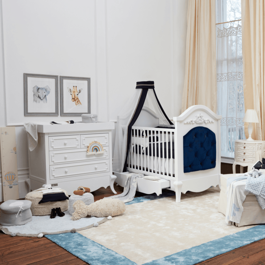 cadogan upholstered cot bed in a baby nursery